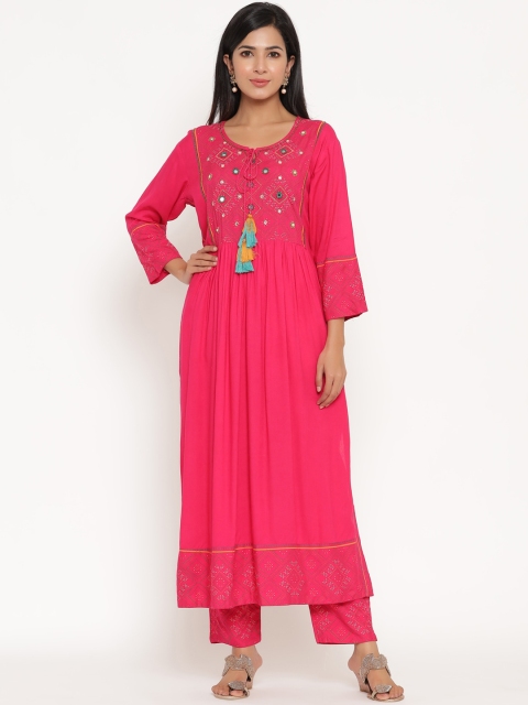 

ANAISA Women Pink Embroidered Pleated Mirror Work Kurta with Trousers