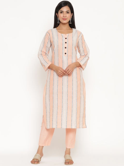 

ANAISA Women Peach-Coloured Striped Regular Pure Cotton Kurta with Trousers