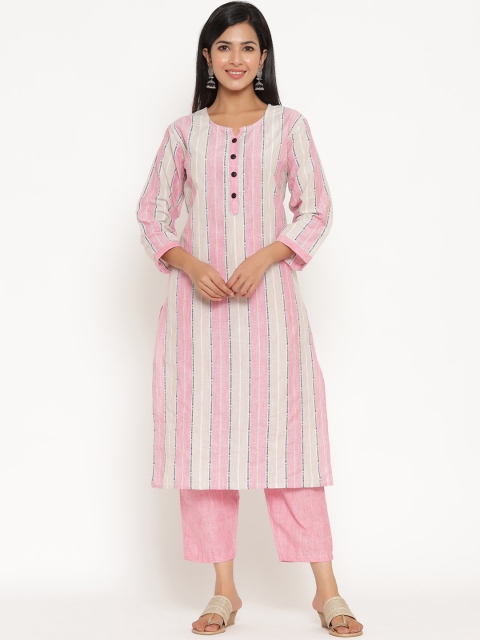 

ANAISA Women Pink & Beige Striped Panelled Pure Cotton Kurti with Trousers