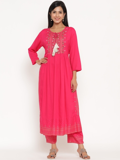 

ANAISA Women Pink Embroidered Panelled Mirror Work Kurti with Trousers