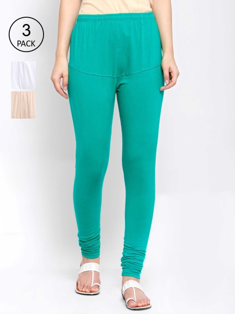 

KLOTTHE Women Pack Of 3 Solid Cotton Churidar-Length Leggings, Blue