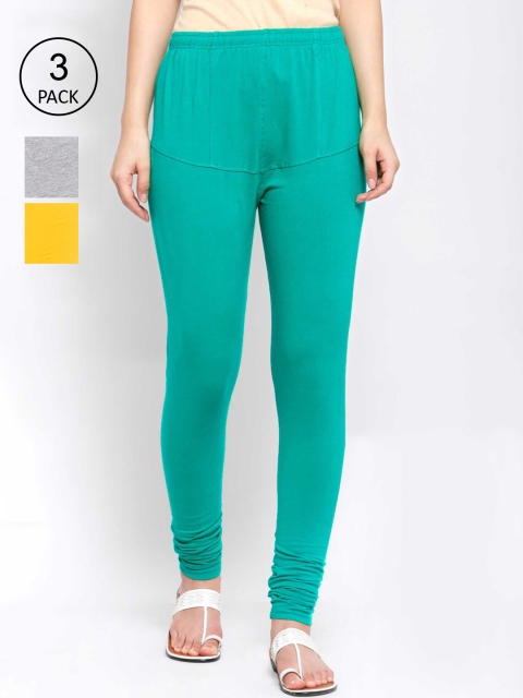 

KLOTTHE Women Pack Of 3 Solid Cotton Churidar-Length Leggings, Green