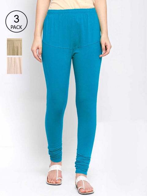 

KLOTTHE Women Pack Of 3 Cotton Churidar-Length Leggings, Blue