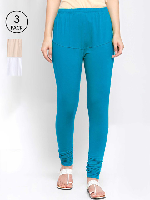 

KLOTTHE Women Pack Of 3 Solid Cotton Churidar-Length Leggings, Blue