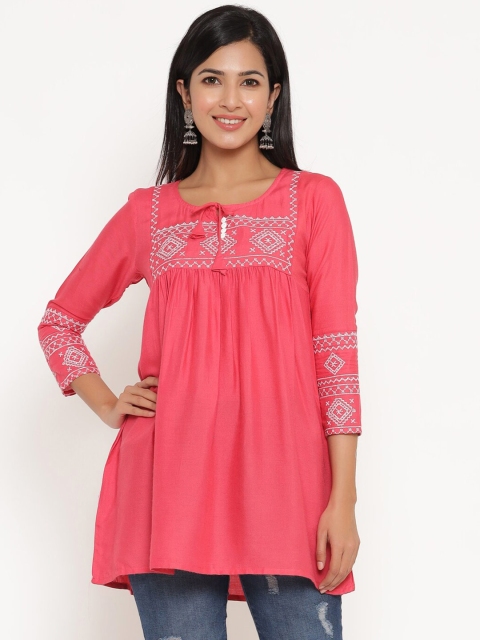

ANAISA Coral Pink & Grey Embroidered Tie-Up Neck A-Line Top