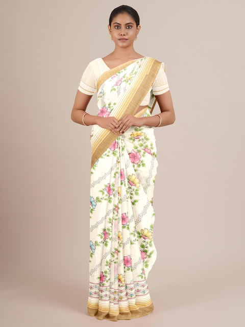 

Pothys Cream-Coloured & Green Floral Saree