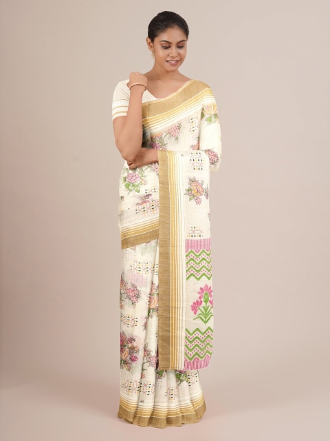 

Pothys Cream-Coloured & Gold-Toned Cotton Blend Floral Printed Saree