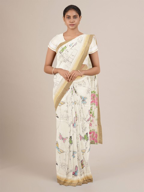 

Pothys Women Cream Printed Cotton Blend Saree with Blouse