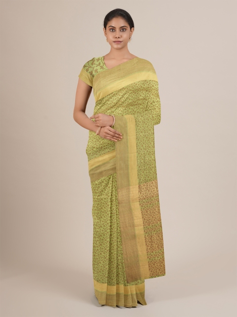 

Pothys Green & Beige Floral Printed Jute Silk Saree
