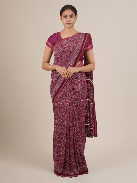 

Pothys Purple & White Floral Cotton Blend Saree