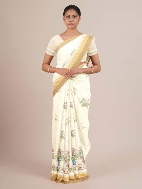 

Pothys Cream-Coloured & Green Ethnic Motifs Saree