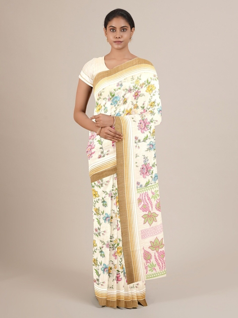 

Pothys Cream-Coloured & Blue Floral Saree