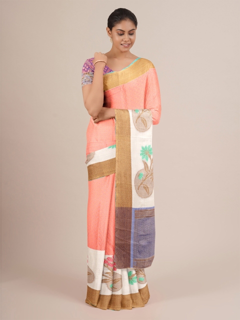 

Pothys Peach-Coloured & Purple Ethnic Motifs Jute Silk Saree