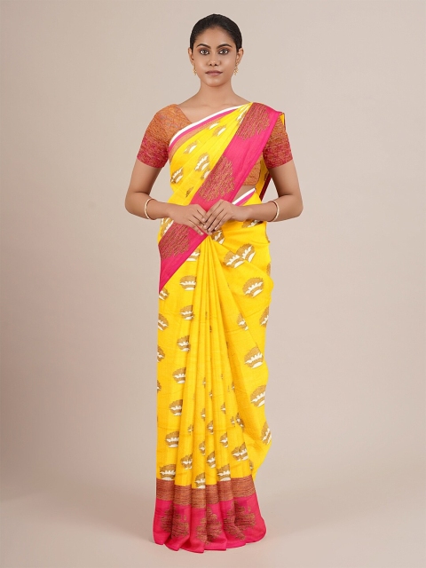 

Pothys Yellow & Pink Floral Printed Jute Silk Saree