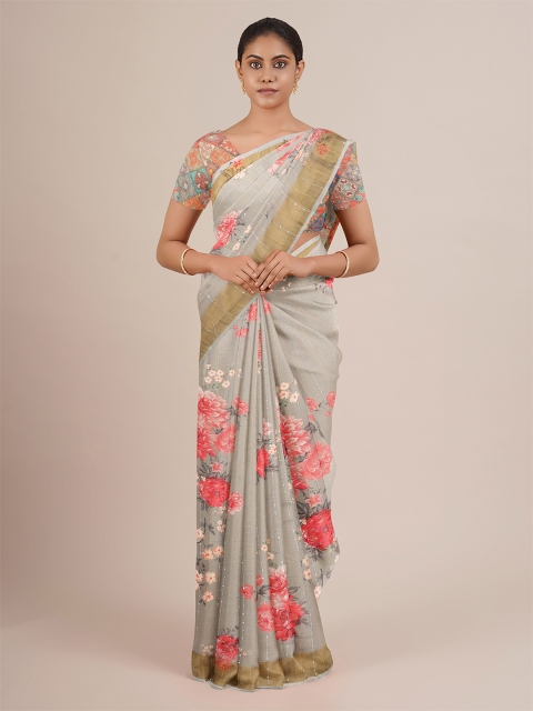 

Pothys Grey & Pink Floral Printed Linen Blend Saree