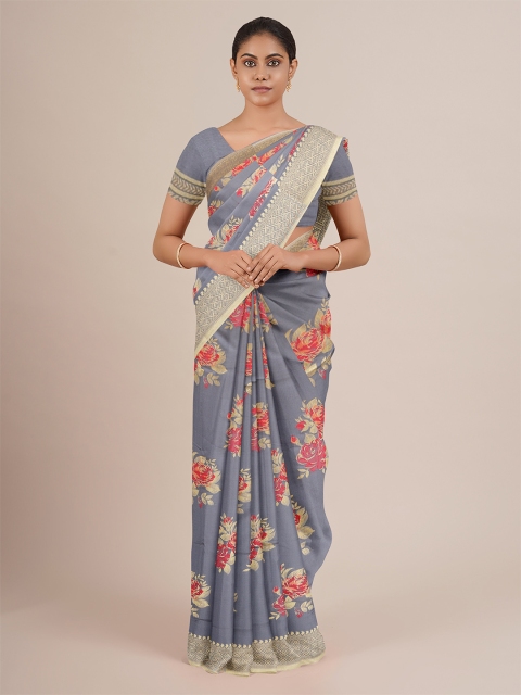 

Pothys Grey & Pink Floral Jute Silk Saree