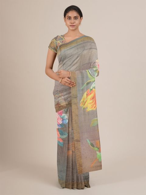 

Pothys Grey & Gold-Toned Floral Printed Zari Saree