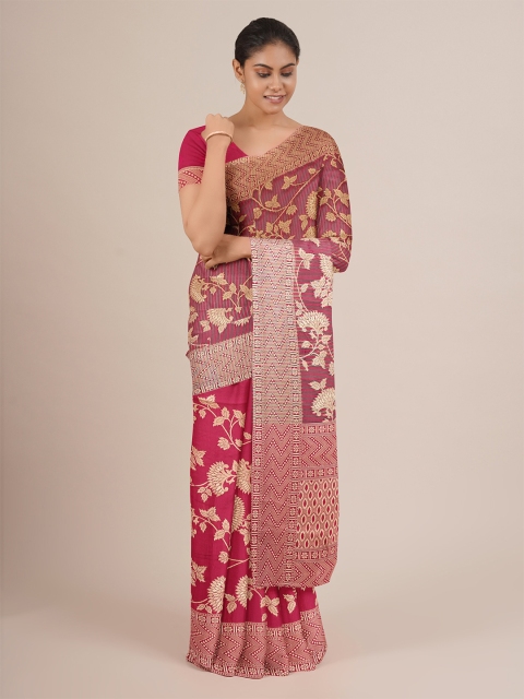 

Pothys Purple & Gold-Toned Floral Printed Jute Silk Saree