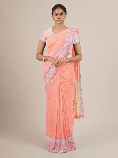 

Pothys Peach-Coloured & Silver-Toned Jute Silk Floral Printed Saree