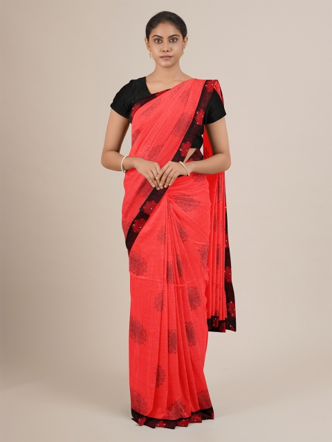 

Pothys Red & Black Floral Mirror Work Saree