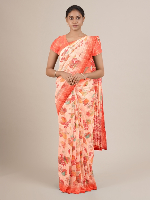 

Pothys Peach-Coloured & Yellow Floral Printed Poly Chiffon Saree