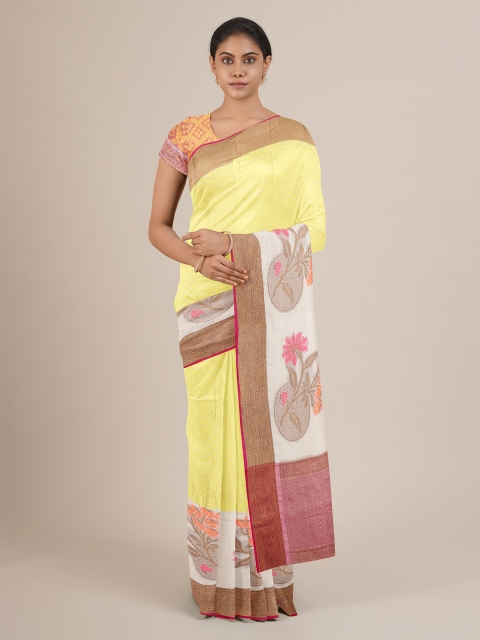 

Pothys Yellow & Magenta Floral Jute Silk Saree