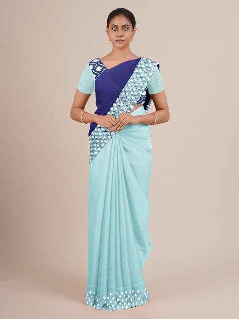 

Pothys Blue Poly Chiffon Colourblocked & Embellished Saree