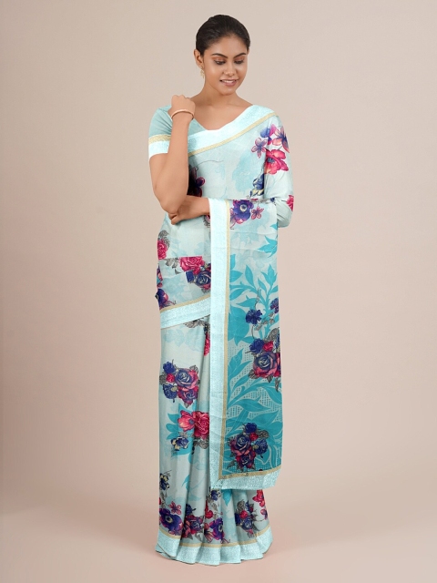 

Pothys Blue & Pink Floral Poly Chiffon Saree