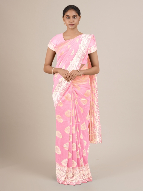 

Pothys Pink & White Ethnic Motifs Zari Jute Silk Saree
