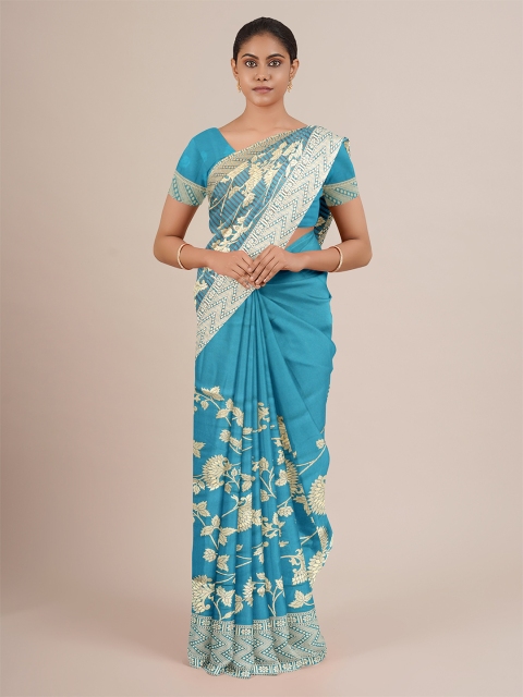 

Pothys Women Blue Printed Jute Silk Saree with Blouse, Turquoise blue