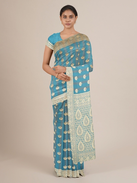 

Pothys Turquoise Blue & Off White Ethnic Motifs Jute Silk Saree