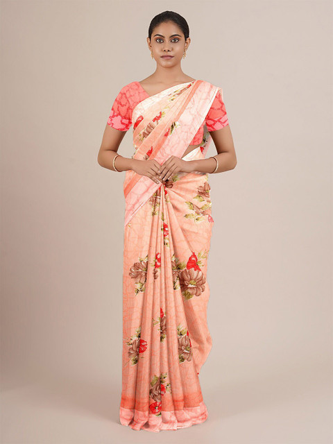 

Pothys Peach-Coloured & Brown Floral Printed Saree