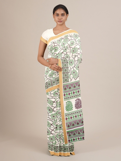 

Pothys White & Purple Floral Printed Saree
