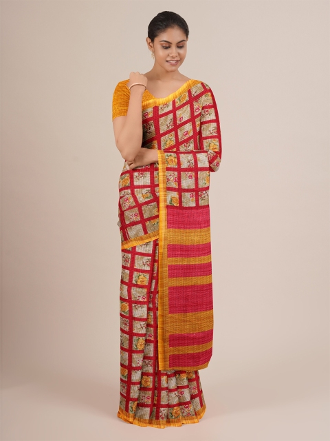 

Pothys Red & Yellow Floral Printed Jute Silk Saree