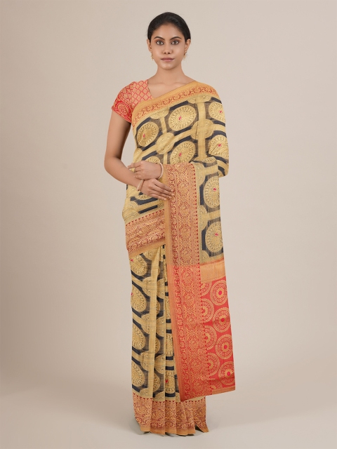 

Pothys Gold-Toned & Black Woven Design Jute Silk Saree