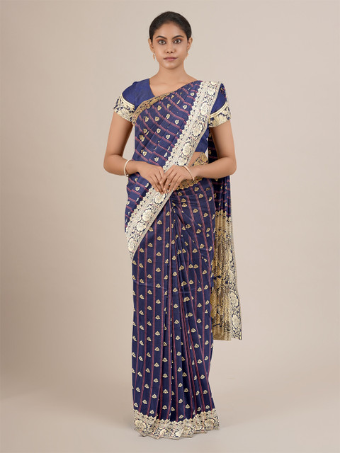 

Pothys Navy Blue & Silver-Toned Woven Design Jute Silk Saree