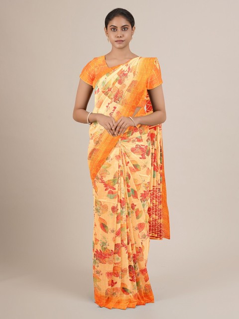 

Pothys Peach-Coloured & Green Floral Printed Saree