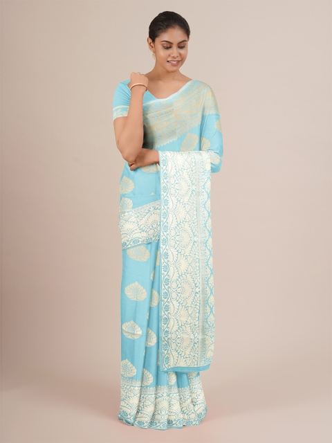 

Pothys Blue & Silver-Toned Ethnic Motifs Zari Jute Silk Saree
