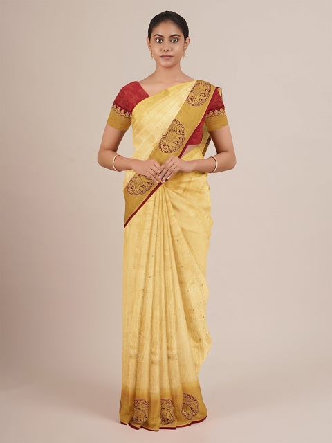 

Pothys Gold-Toned & Red Ethnic Motifs Jute Silk Saree