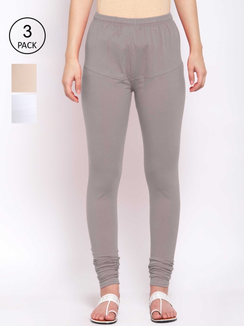 

KLOTTHE Women Pack Of 3 Solid Cotton Churidar-Length Leggings, Beige