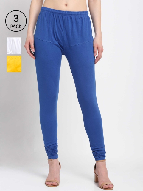

KLOTTHE Women Pack Of 3 Solid Cotton Churidar-Length Leggings, Blue