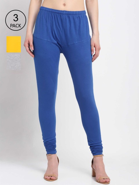 

KLOTTHE Women Pack Of 3 Solid Cotton Churidar-Length Leggings, Blue