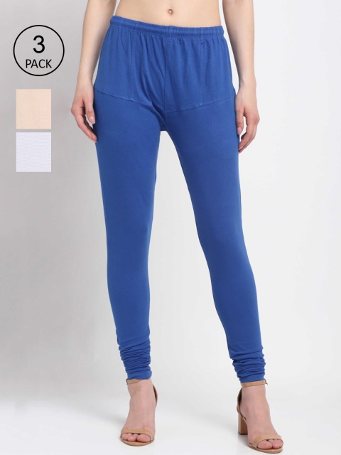 

KLOTTHE Women Pack Of 3 Solid Cotton Churidar-Length Leggings, Blue