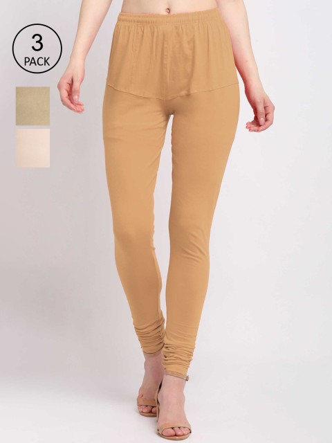 

KLOTTHE Women Pack Of 3 Solid Cotton Churidar-Length Leggings, Camel brown