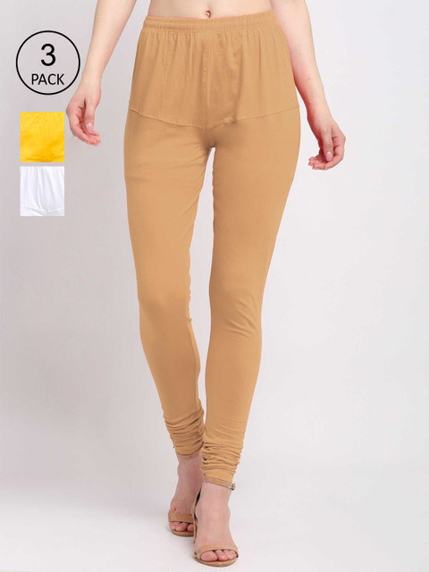 

KLOTTHE Women Pack Of 3 Solid Cotton Churidar-Length Leggings, Yellow