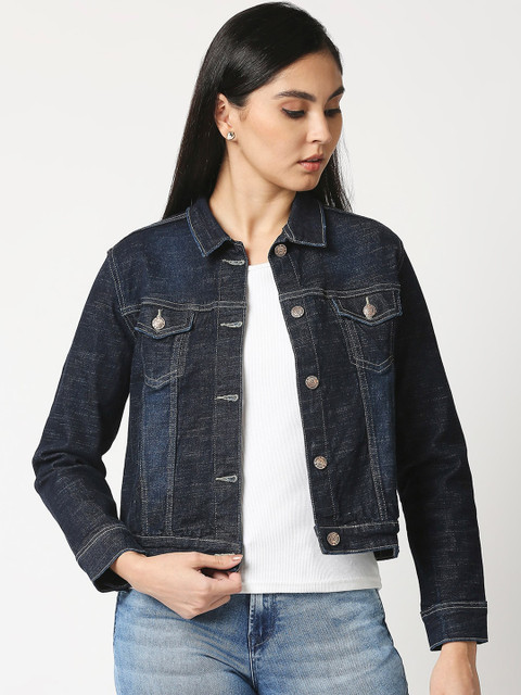 

High Star Women Blue Washed Crop Embroidered Denim Jacket