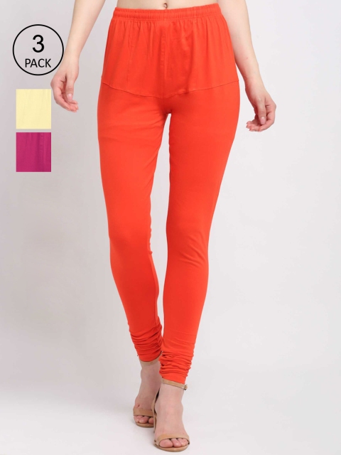

KLOTTHE Women Pack Of 3 Solid Cotton Churidar-Length Leggings, Orange