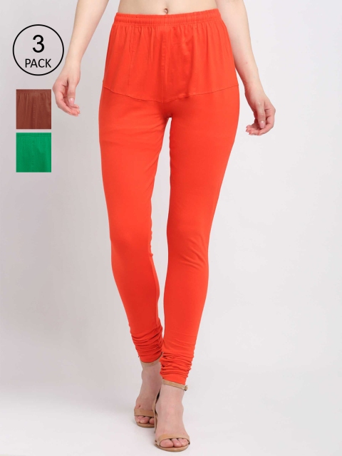 

KLOTTHE Women Pack Of 3 Solid Cotton Churidar-Length Leggings, Orange