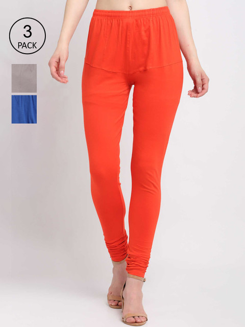 

KLOTTHE Women Pack Of 3 Solid Cotton Churidar-Length Leggings, Grey