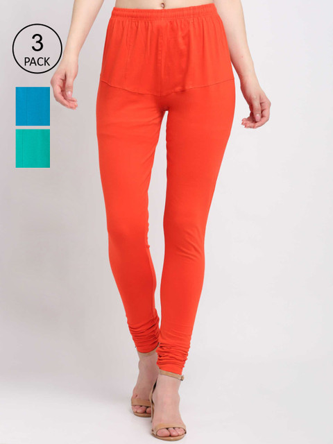 

KLOTTHE Women Pack Of 3 Solid Cotton Churidar-Length Leggings, Orange